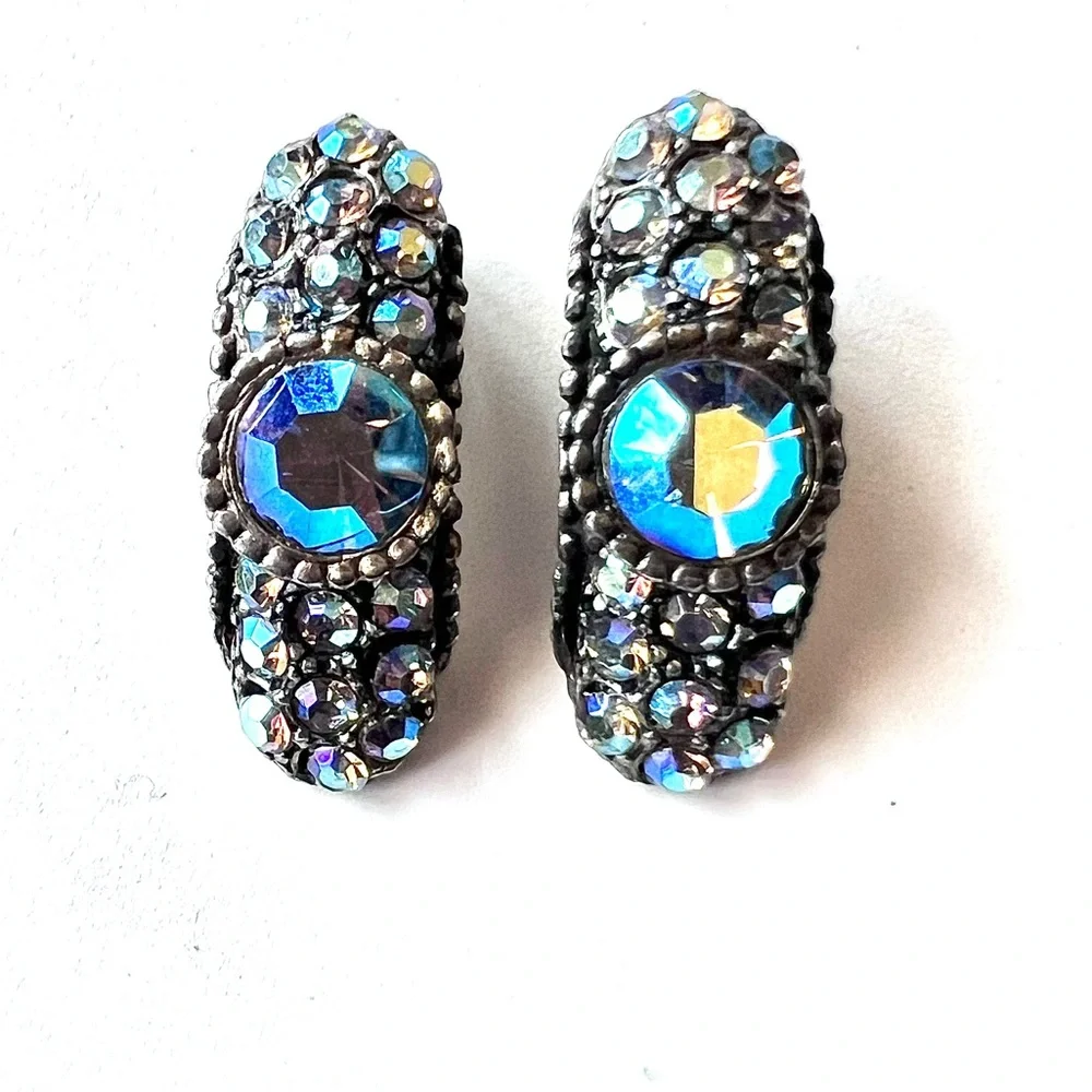 Dazzling Vintage Rhinestone Ear Clips Aurora Borealis Shimmer Statement Earrings